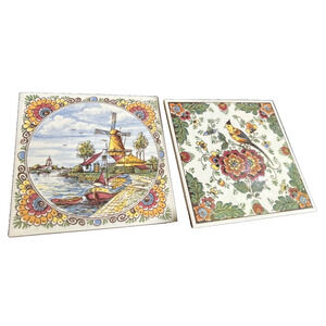 2 Hand Painted Delf Holland Tiles 6" Multicolor Bird With Flowers & Windmill